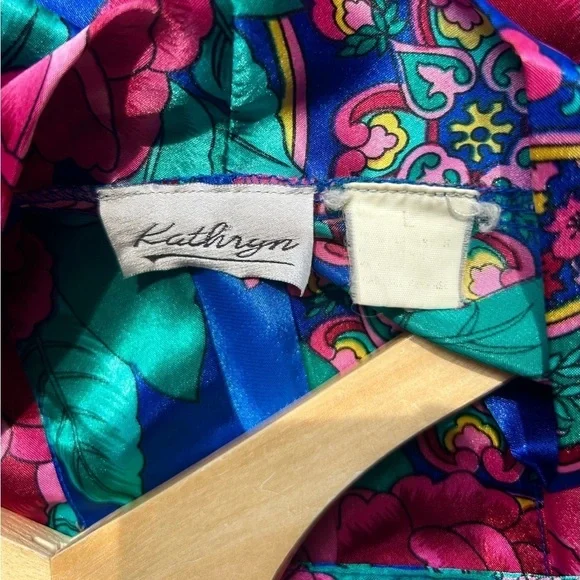 Kathryn Vibrant Vintage 80’Baroque Floral Jewel Tone Satin Lingerie Kimono Robe - Picture 7 of 7
